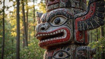 Obraz premium Wooden totem pole with salmon ravens red white paint in forest light