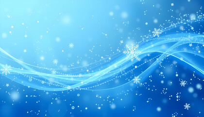 Abstract blue background, flowing wavy lines, glowing particles, sparkles, ethereal atmosphere, winter theme, digital art, shimmering effects, icy blue tones, dynamic swirls, magical snowflakes, light