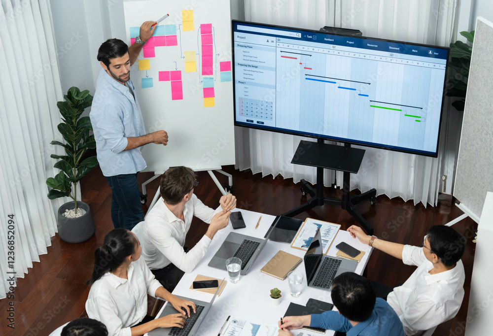 Leinwandbilder Project manager communicate and collaborate with team using project management software display on monitor, tracking progress of project task and making schedule plan at meeting table. Prudent