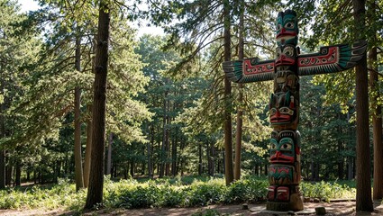 Vibrant totem pole with hawks and foxes in forest clearing