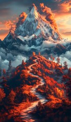 A winding mountain path leads to a snow capped peak at sunset. Orange and red hues dominate the sky and lower slopes, contrasting with the white