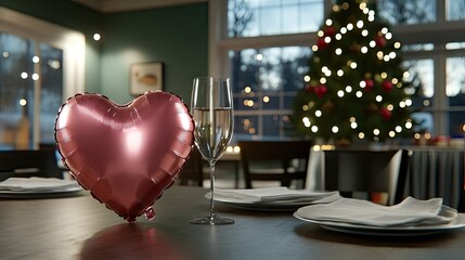 Celebration dinner setting with pink heart balloon and elegant tableware next to a festive Christmas tree