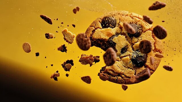 Cookie with chocolate chips is shown with a bite taken out of it. The cookie is on a yellow background