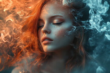 Beautiful red-haired woman surrounded by blue smoke in fantasy style