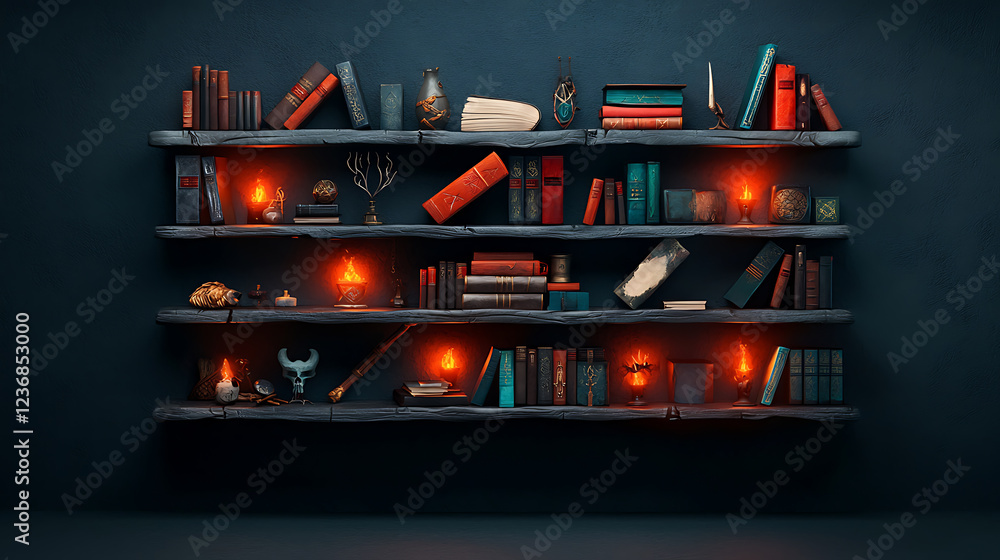 Poster eerie encounter with a witch's sacred bookshelf enchanted library fantasy scene mysterious atmospher