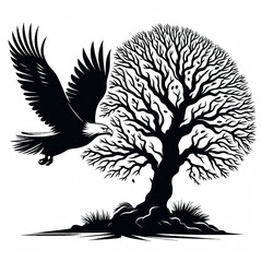 Bald eagle silhouette flying a tree vector illustrations on white background