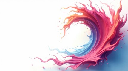 Abstract swirling vibrant paint splash design, a dynamic fluid art composition with flowing pastel hues and droplet accents against a white backdrop