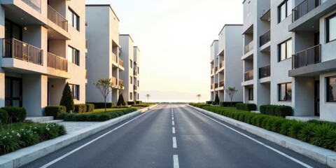 Obraz premium Serene Residential Street at Dawn, Modern Apartments Line a Tranquil Asphalt Road, Lush Greenery Enhances the Peaceful Atmosphere