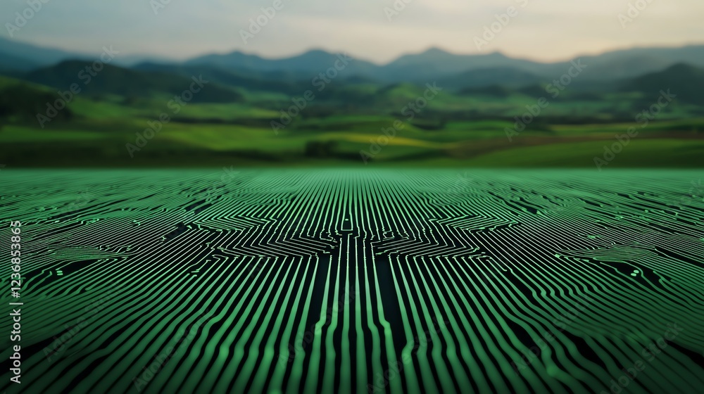 Poster abstract circuit pattern with scenic landscape.