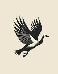 Black and white illustration of a bird in flight against a beige background. The bird's wings are spread wide, and its body is angled slightly