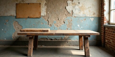Rustic wooden table with weathered plank top, situated in a room with distressed blue and beige walls, and a vintage wood framed window adding character to the scene.
