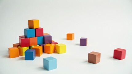 A Colorful Arrangement of Wooden Blocks, Strategically Placed on a White Surface, Representing Concepts of Construction, Design, and Creative Problem-Solving