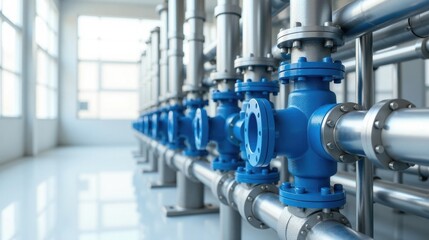 Industrial Piping System A Close-up View of Blue Valves and Metallic Pipes in a Modern Facility