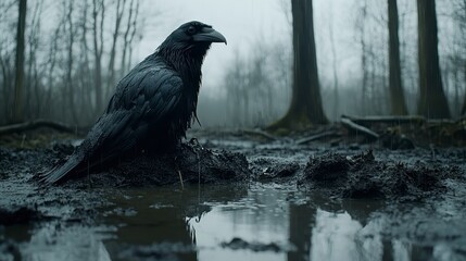 Fototapeta premium A dark, brooding raven sits in a muddy puddle, rain falling in a somber forest. Gloomy atmosphere, dark tones, textures of mud and feathers are