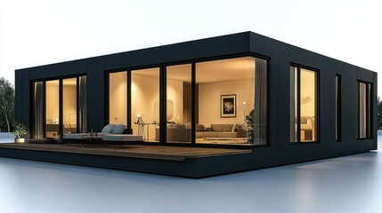 Fototapeta premium A contemporary minimalist residence featuring expansive windows that highlight the inviting interior design during the enchanting twilight hour