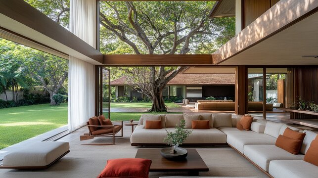 Modern living room with natural light and outdoor view in a contemporary home surrounded by greenery