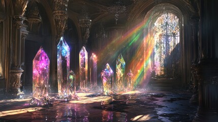 A stunning interior scene featuring large, colorful crystals of various shapes and sizes illuminated by vibrant rays of light streaming through an ornate stained-glass window. The crystals are set aga