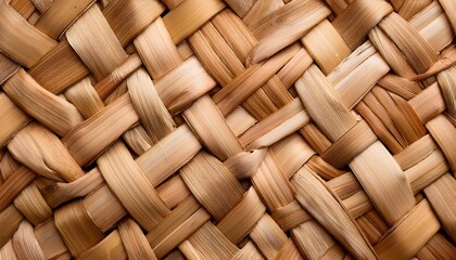 Detailed woven rattan texture with natural beige and golden tones. Abstract woven rattan background