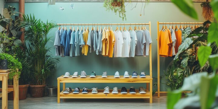 Stylish clothing display in a plant-filled store, ideal for fashion retail promotions, eco-friendly brands, or lifestyle blogs.