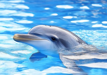 Naklejka premium Close up of a dolphin's head emerging from blue water, sunlight reflecting on its smooth skin. The background is blurred, showing more water