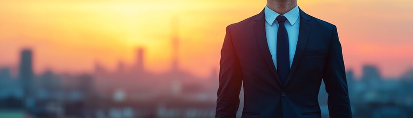 Businessman in suit against sunset backdrop.