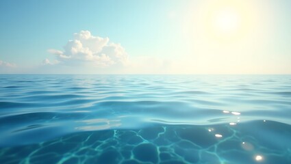Obraz premium The vast expanse of clear water, with small ripples and gentle waves, is illuminated by the soft, warm sunlight, casting a soft glow on the water surface, creating a sense of peace and tranquility.