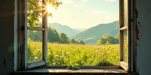Fototapeta premium Serene Sunrise View Through a Rustic Window Pane, Showing a Vibrant Meadow and Distant Rolling Hills