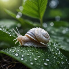 A slow-moving white snail crawling on a dewy leaf.