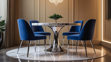 Large modern dining table in a trendy style, dining area in a studio apartment. Wooden table top, fabric blue chairs. 3D rendering.