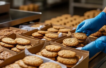 Close-up of gloved hands carefully placing freshly baked oatmeal cookies into cardboard boxes for packaging.