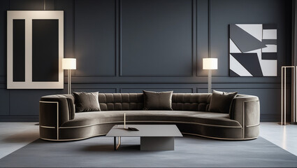 Interior of modern living room with dark brown walls, wooden floor, comfortable brown sofa and coffee table