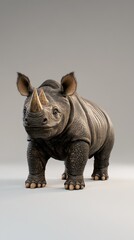 Fototapeta premium Rhino with exaggerated features standing on a light background in a studio setting, showcasing unique design and detail