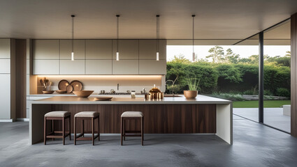 Beige home kitchen interior with bar island, refrigerator and shelves with kitchenware. Minimalist cooking and dining area with panoramic
