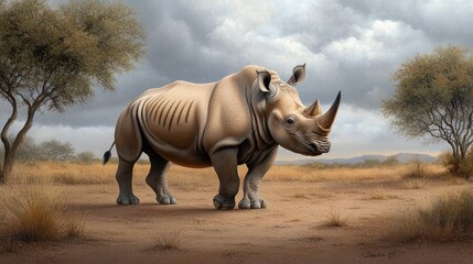 Fototapeta premium Rhinoceros standing majestically in a serene grassland under a cloudy sky at midday, showcasing nature's beauty and wildlife