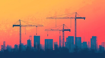 Obraz premium City skyline with construction cranes at sunset.
