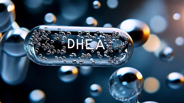 DHEA supplement capsule with molecular structure in blue background