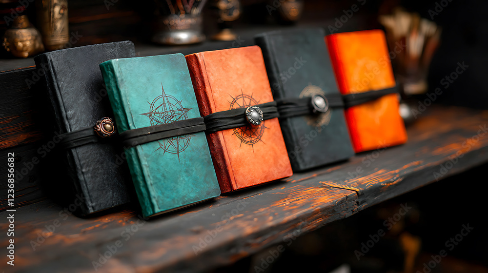 Poster enchanting spellbound shelf displaying colorful journals gypsy-inspired decor mystical environment c