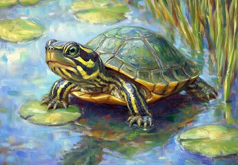 Obraz premium Close up view of a turtle on a lily pad in a pond. The turtle has a green and yellow shell, and the water is blue. The background includes green