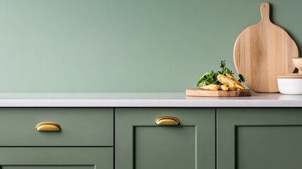 Modern Kitchen Counter with Green Cabinets and Fresh Ingredients