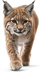 Obraz premium Lynx walks confidently in a natural habitat displaying striking fur patterns and intense gaze in a close-up view