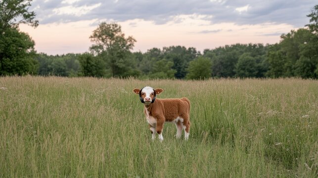 A young calf stands peacefully in a lush grassy field at twilight, surrounded by soft, fluffy clouds and a line of trees in the background