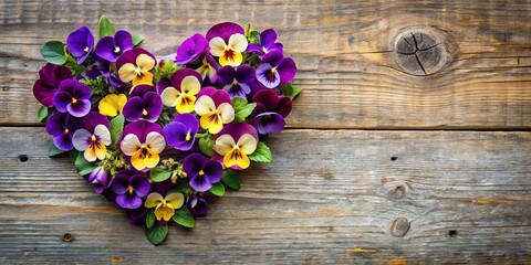 Fototapeta premium Heart-Shaped Arrangement of Colorful Pansy Flowers on Wood Background
