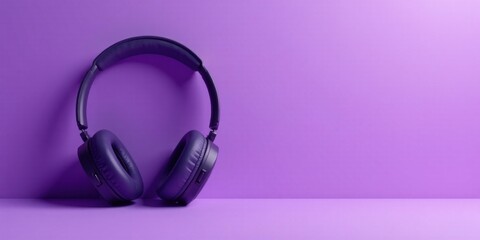 Purple headphones resting on a vibrant purple surface, a minimalist audio device presentation