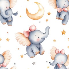 Playful baby elephants with wings dreamy night sky illustration whimsical childlike charm