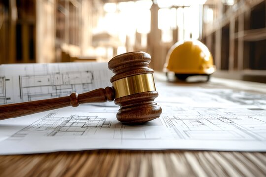 Judge gavel resting on architectural plans in construction site