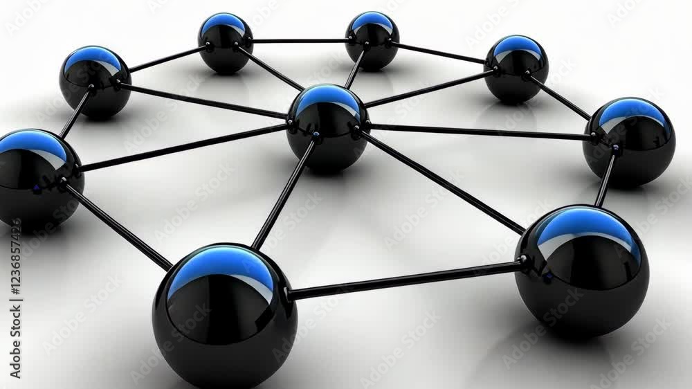 Poster connecting black and blue spheres representing a network structure in a modern, digital design setti