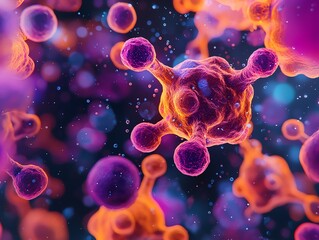 Colorful close-up of microscopic cells.