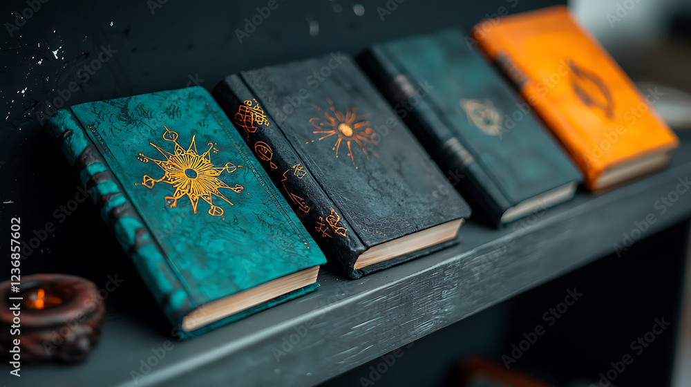 Poster enchanting gypsy-themed library shelf displaying intricate spellbooks cozy reading nook magical envi