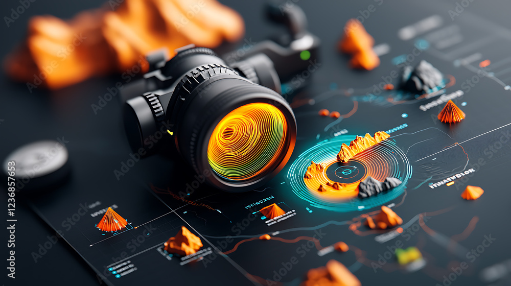 Poster high-tech infographic illustrating intensity analysis of geographic features digital workspace infog