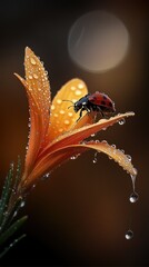Naklejka premium Close-up of a ladybug resting on an orange lily with droplets of water sparkling in the background during early morning light
